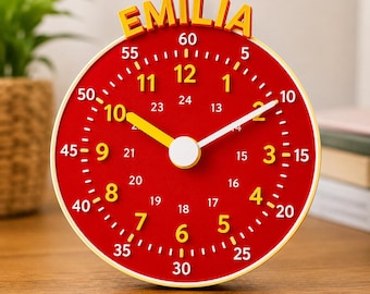 Personalisierte Lernuhr mit Name, Kinder Übungsuhr aus PETG, 14 cm Uhr lernen Geschenk zur Einschulung