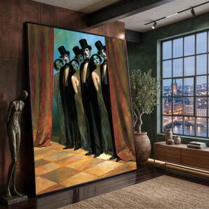 May include: A large framed painting depicting a group of figures in black suits and top hats standing behind red curtains on a checkered floor. The figures have pale faces and dark makeup, positioned in a row as if performing on a stage.