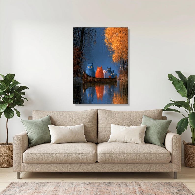 Whimsical Cats Canoe Ride, Autumn Forest Canvas, Colorful Cat Art ...