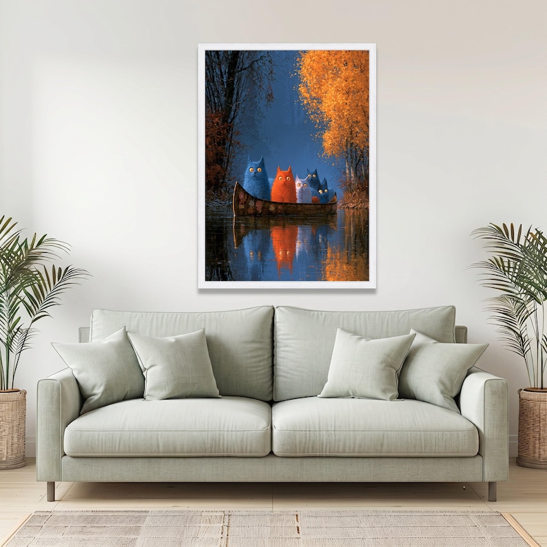 Whimsical Cats Canoe Ride, Autumn Forest Canvas, Colorful Cat Art ...
