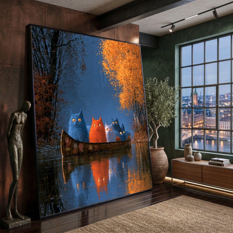 Whimsical Cats Canoe Ride, Autumn Forest Canvas, Colorful Cat Art ...
