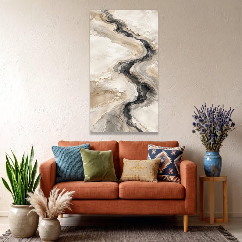 Abstract River Flow Canvas Wall Art, Earth Tone Stream Design, Neutral ...
