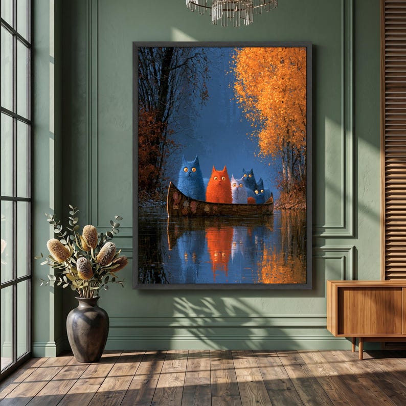 Whimsical Cats Canoe Ride, Autumn Forest Canvas, Colorful Cat Art ...