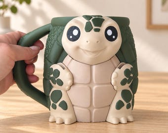 3D-geprinte ijsbekerhouder in de vorm van een schildpad met handvat en lepelvakjes.