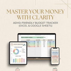 Puede incluir: Un rastreador de presupuesto digital en una computadora portátil, tableta y teléfono inteligente. Las pantallas muestran hojas de cálculo, gráficos circulares y de barras con el texto MASTER YOUR MONEY WITH CLARITY y ADHD-FRIENDLY BUDGET TRACKER.