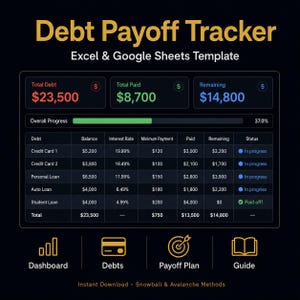 Puede incluir: Una plantilla digital de seguimiento de deudas para Excel y Google Sheets con interfaz oscura. Muestra el total de deuda, pagado y restante, una barra de progreso global al 37,0% y una tabla detallada de préstamos con iconos de estado.
