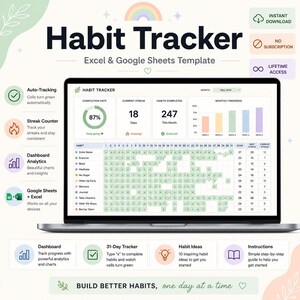 Puede incluir: Una plantilla digital de seguimiento de hábitos para Excel y Google Sheets en una pantalla de portátil. La interfaz muestra un gráfico de progreso mensual, tasa de finalización, contador de rachas y una cuadrícula de 31 días.