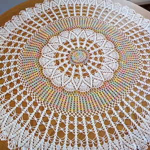 Handmade White and Multi-Color Round Crochet Doily: Spring flowers
