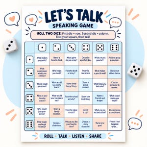 Könnte beinhalten: Ein Let's Talk Sprechspiel-Brett mit zwei weißen Würfeln. Das Raster zeigt Zeilen und Spalten mit Würfelaugen und enthält Gesprächsaufforderungen in hellblauen und pfirsichfarbenen Quadraten. Der Titel und Fußtext sind in Dunkelblau.