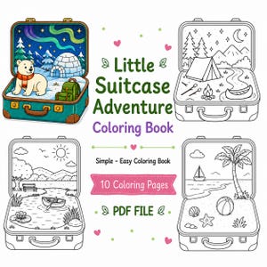 May include: A digital coloring book titled Little Suitcase Adventure featuring four suitcase illustrations. One suitcase is colored with a polar bear and igloo, while three are black and white line art showing camping, a lake, and a beach scene.