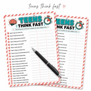 May include: Two white game sheets with red and white striped borders titled Teens Think Fast. Each sheet features a brain icon, a stopwatch, and a numbered list of twenty prompts for listing three answers. A black ballpoint pen rests on the sheets.