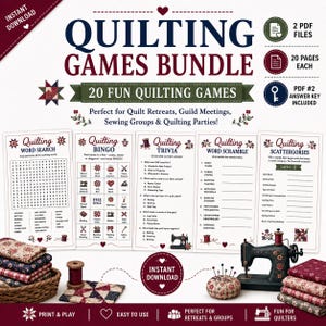 May include: A digital quilting games bundle featuring 20 printable pages including word search, bingo, trivia, word scramble, and scattergories. The set includes two PDF files with an answer key, displayed with fabric stacks and a sewing machine.