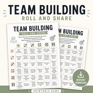 Puede incluir: Una hoja de juego imprimible Team Building Roll and Share con una cuadrícula e iconos de dados para filas y columnas. Cada casilla contiene una pregunta. El texto dice Team Building Roll and Share. Un icono circular verde indica descarga instantánea.