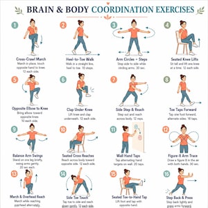 May include: An instructional chart titled BRAIN & BODY COORDINATION EXERCISES featuring sixteen numbered illustrations of a person in a coral shirt and blue trousers performing various physical movements, including marching, reaching, and seated exercises.