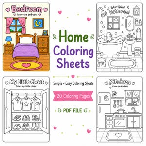 May include: A collection of home coloring sheets featuring four distinct line art illustrations of a bedroom, bathroom, closet, and kitchen. The central text reads Home Coloring Sheets, Simple - Easy Coloring Sheets, 20 Coloring Pages, and PDF File.