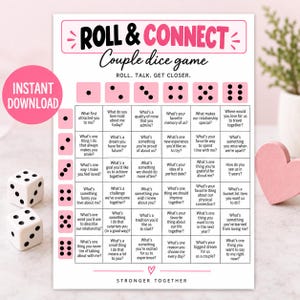Puede incluir: Una hoja imprimible del juego de dados para parejas Roll & Connect con una cuadrícula de preguntas. El diseño incluye iconos de dados rosas, texto en negro y un círculo rosa de descarga instantánea para fomentar la conversación en pareja.
