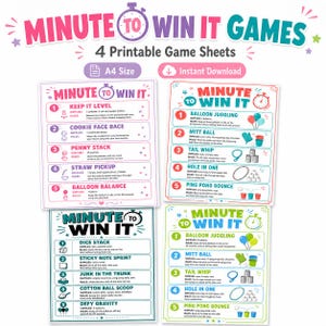 Pode incluir: Quatro folhas de jogo imprimíveis em tamanho A4 intituladas Minute to Win It. Cada folha apresenta cinco jogos de festa distintos com suprimentos e regras, incluindo atividades como Cookie Face Race, Penny Stack, Balloon Juggling e Dice Stack.