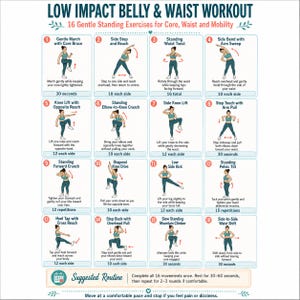 Schonendes Bauch- und Taillentraining zum Ausdrucken, Stehende Rumpfübungen für Frauen, Fitnessplan für zu Hause ohne Springen, Stehendes Cardio-Training