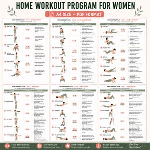 May include: A six-day home workout program chart titled HOME WORKOUT PROGRAM FOR WOMEN in A4 size PDF format. The document features detailed exercise routines with illustrations, sets, reps, and instructions for various muscle groups.