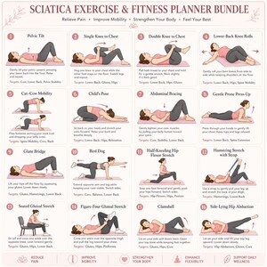 Sciatica Exercises Printable PDF, Lower Back Stretch Guide, Pain Tracker & Fitness Planner, Physical Therapy Exercise Bundle