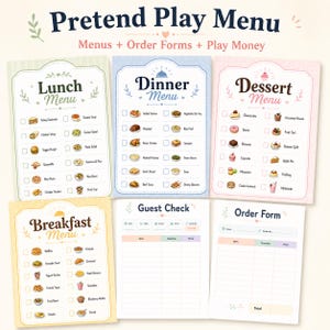 Pretend Play Menu Printable, Kids Restaurant Dramatic Play Set, Kitchen Menus, Order Forms & Play Money, Fake Kids Menu, Classroom Activity