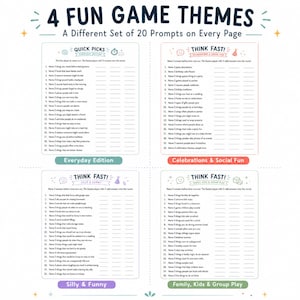 以下が含まれることがあります： 4 Fun Game Themesというタイトルの印刷可能なゲームシートで、各ページに20の質問が記載されています。4つのセクションはEveryday Edition、Celebrations & Social Fun、Silly & Funny、Family, Kids & Group Playで、それぞれ番号付きの質問リストが含まれています。