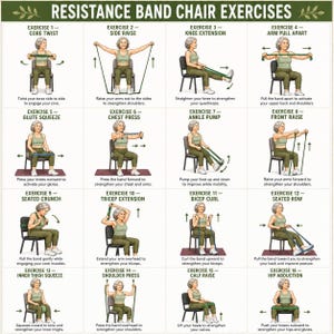 May include: A grid chart titled Resistance Band Chair Exercises featuring sixteen illustrations of a person in a green tank top and pants performing various seated movements with a resistance band, including core twists, presses, and curls.