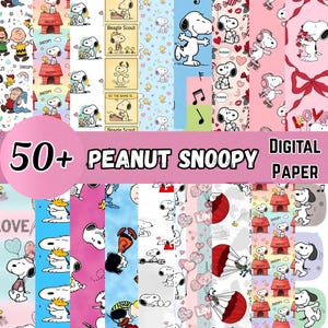 May include: A collection of digital paper patterns featuring Snoopy and Peanuts characters in various poses, colors, and themes, including red doghouses, hearts, and musical notes, with the text 50+ PEANUT SNOOPY DIGITAL PAPER overlaid on the image.