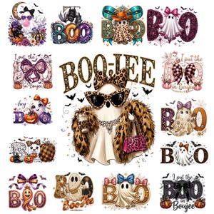 May include: A collection of Halloween-themed graphic designs featuring ghosts, pumpkins, and bats. The central image shows a ghost wearing leopard print sunglasses, a bow, and a fur coat, with the text BOO-JEE. Other designs include text like BOO.