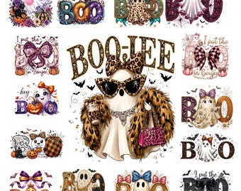 May include: A collection of Halloween-themed graphic designs featuring ghosts, pumpkins, and bats. The central image shows a ghost wearing leopard print sunglasses, a bow, and a fur coat, with the text BOO-JEE. Other designs include text like BOO.