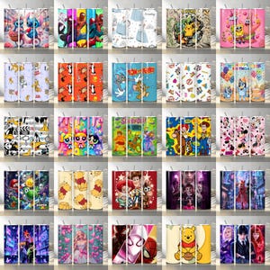 May include: A collection of twenty cylindrical tumblers featuring various cartoon and movie character prints, including Stitch, Spider-Man, Cinderella, Pikachu, SpongeBob, Tom and Jerry, Bluey, Scooby-Doo, Toy Story, and Winnie the Pooh.