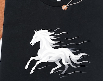 Camiseta con caballo blanco al galope / Ilustración de semental corriendo, camiseta ecuestre minimalista