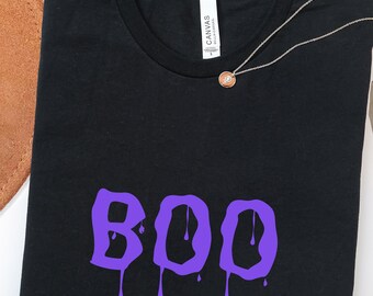 Camiseta de Halloween con estampado de "BOO" goteando / Camiseta morada con estampado espeluznante
