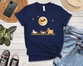 Camiseta Perros bajo la luna llena / Camiseta con escena de cachorros de Halloween