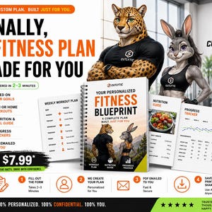 Peut inclure: Un guide de fitness à reliure spirale présentant un léopard et un lapin sur la couverture. Le document comprend des sections pour un programme d'entraînement hebdomadaire, un guide nutritionnel avec des images d'aliments et un suivi de progrès.