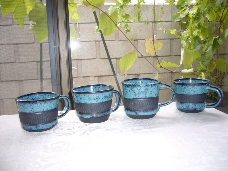 ceramic blue mug cup set of 4, hand made , black clay with blue , dishwasher and microwave oven safe image 1