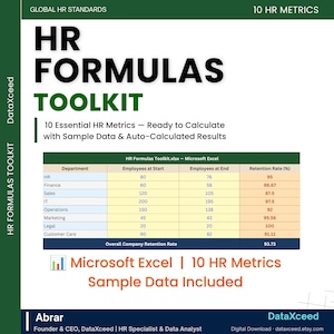 Może przedstawiać: Cyfrowy dokument HR Formulas Toolkit zawiera tabelę programu Microsoft Excel z 10 wskaźnikami HR, w tym działem, liczbą pracowników na początku i końcu oraz procentowym wskaźnikiem retencji. Zawiera tekst HR Formulas Toolkit.