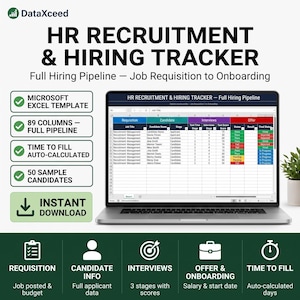 May include: A digital HR recruitment and hiring tracker displayed on a laptop screen. The spreadsheet features columns for job requisition, candidate details, interview stages, and offer status. Includes text labels for features like 89 columns and 50 samples.