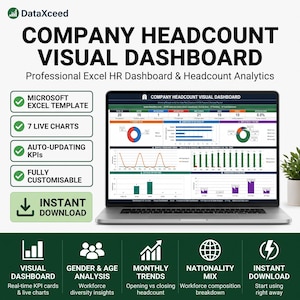 Puede incluir: Una pantalla de ordenador portátil que muestra un panel visual de plantilla de personal con análisis de RR. HH. en Excel, incluyendo siete gráficos en vivo, indicadores clave de rendimiento y métricas sobre la diversidad de la plantilla.