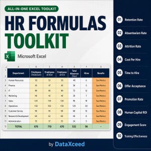 Puede incluir: Un kit de herramientas Excel todo en uno para fórmulas de RR. HH. de DataXceed. El gráfico muestra una hoja de cálculo con columnas para departamento, empleados, ausencias totales y contrataciones, junto a una lista de diez métricas de RR. HH.