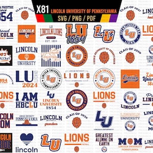 May include: A digital collection of Lincoln University of Pennsylvania graphic designs featuring the school name, lion mascot, graduation years, and various typography styles in orange, blue, and white. The file formats listed are SVG, PNG, and PDF.