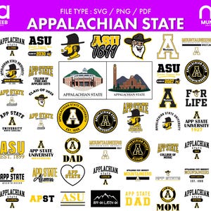 May include: A digital collection of Appalachian State University logos, emblems, and typography in black, white, and gold. The graphic includes various text designs, mascot illustrations, university building icons, and circular seals in SVG, PNG, and PDF formats.