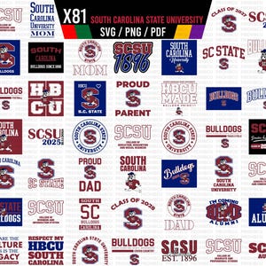Puede incluir: Una colección digital de 81 diseños gráficos de la South Carolina State University en formatos SVG, PNG y PDF. Los gráficos presentan el logotipo de SCSU, la mascota bulldog y texto que incluye 'HBCU', 'Class of', 'Mom', 'Dad', 'Alumni' y 'Bulldogs'.
