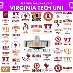 May include: A digital collection of Virginia Tech University logos, text, and graphics in maroon and orange. The designs include the VT monogram, the HokieBird mascot, various college names, and a central illustration of a campus building.