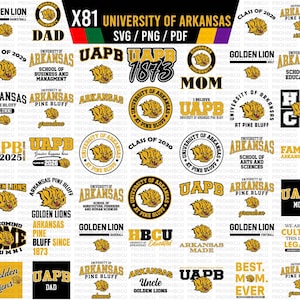 Può includere: Una collezione digitale di design grafici dell'Università dell'Arkansas a Pine Bluff in nero e oro. Il set include vari loghi, slogan testuali e illustrazioni di mascotte con marchi UAPB, Golden Lions e HBCU nei formati SVG, PNG e PDF.