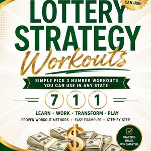 Op de afbeelding: Een boekomslag getiteld Lottery Strategy Workouts met groene en gouden tekst. Het bevat de cijfers 7 1 1, een gouden dollarteken en stapels van 100 dollarbiljetten. De tekst bevat Easy Strategies Anyone Can Use en Practice. Track. Win Smarter.