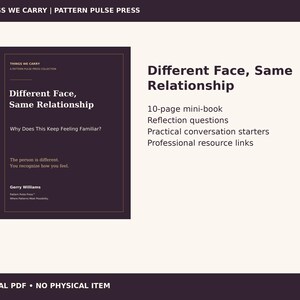 Könnte beinhalten: Ein dunkelviolettes 10-seitiges Minibuch mit dem Titel Different Face, Same Relationship von Gerry Williams. Das Cover enthält den Text Why Does This Keep Feeling Familiar? und The person is different. You recognize how you feel. Enthält Reflexionsfragen, Gesprächsanreize und Links zu professionellen Ressourcen.