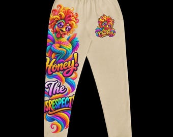 Clucksy LaRue Honey! Die Respektlosigkeit! Damen-Jogginghose mit Regenbogen-Hühnchen-Print in Sand | Bunte Jogginghose mit Grafik