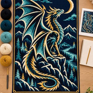 May include: A rectangular crochet tapestry featuring a dragon perched on a mountain peak against a dark blue night sky with a crescent moon. The dragon is rendered in shades of teal, gold, and dark blue, surrounded by pine trees and mountains.