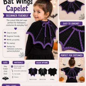May include: A black crochet bat wings capelet with purple trim, featuring a tie closure at the neck. The design includes bat-shaped wing panels and is shown in a pattern layout with text including Crochet Bat Wings Capelet and Beginner Friendly.
